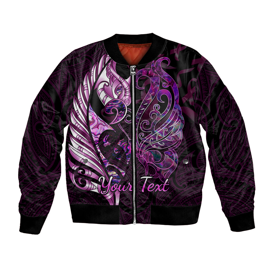 personalised-new-zealand-breast-cancer-bomber-jacket-fight-like-a-girl-pink-manaia-fern-with-paua-shell