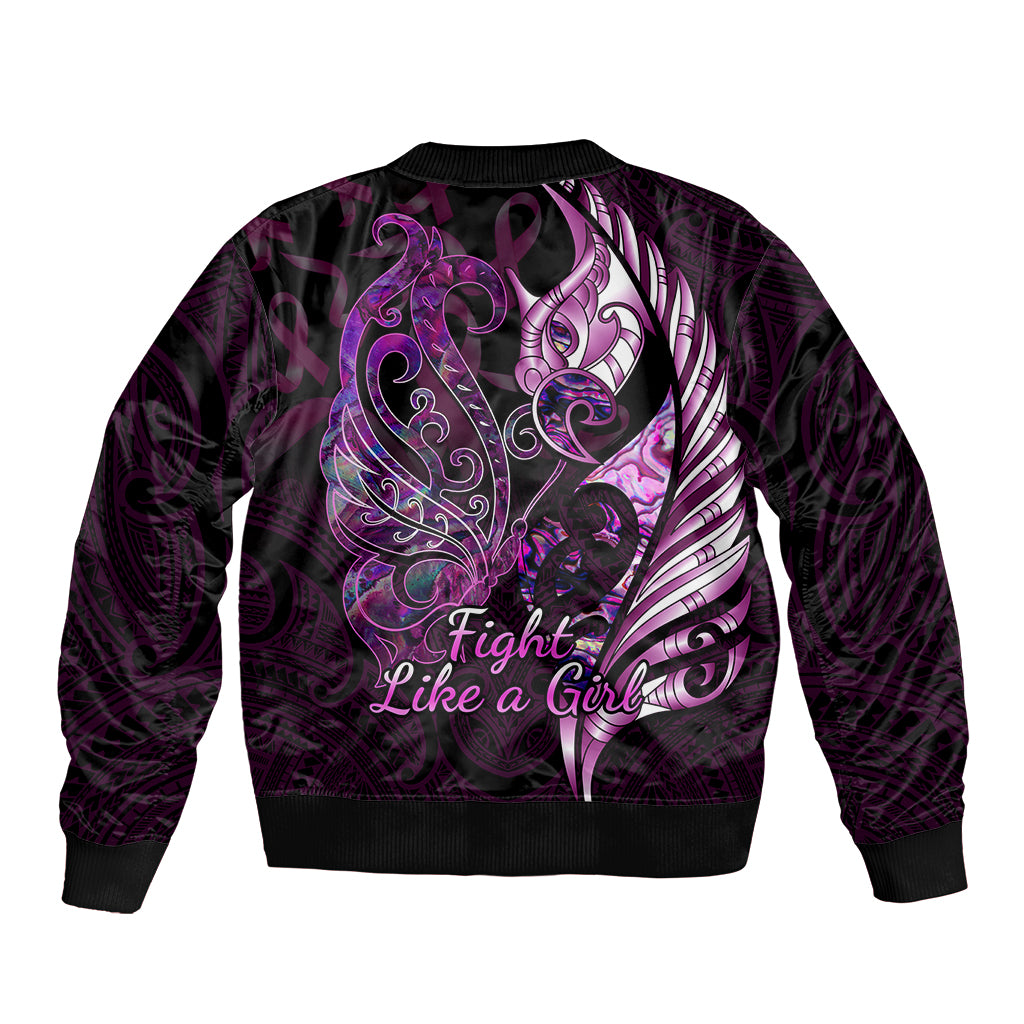 personalised-new-zealand-breast-cancer-bomber-jacket-fight-like-a-girl-pink-manaia-fern-with-paua-shell