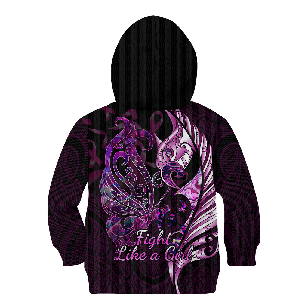 personalised-new-zealand-breast-cancer-kid-hoodie-fight-like-a-girl-pink-manaia-fern-with-paua-shell