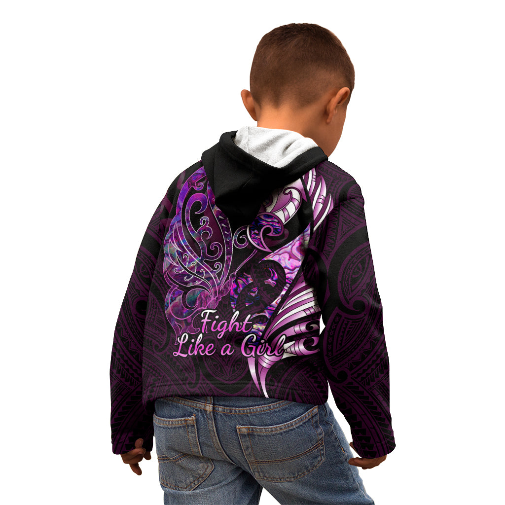 personalised-new-zealand-breast-cancer-kid-hoodie-fight-like-a-girl-pink-manaia-fern-with-paua-shell