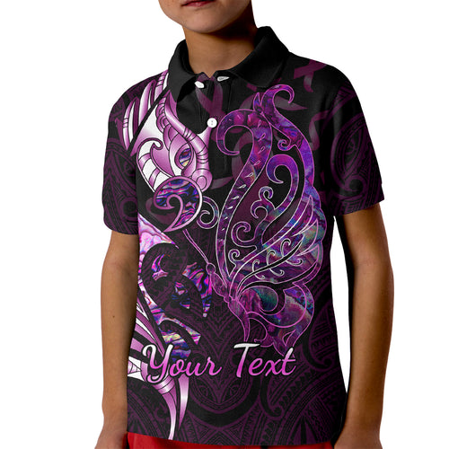 personalised-new-zealand-breast-cancer-kid-polo-shirt-fight-like-a-girl-pink-manaia-fern-with-paua-shell