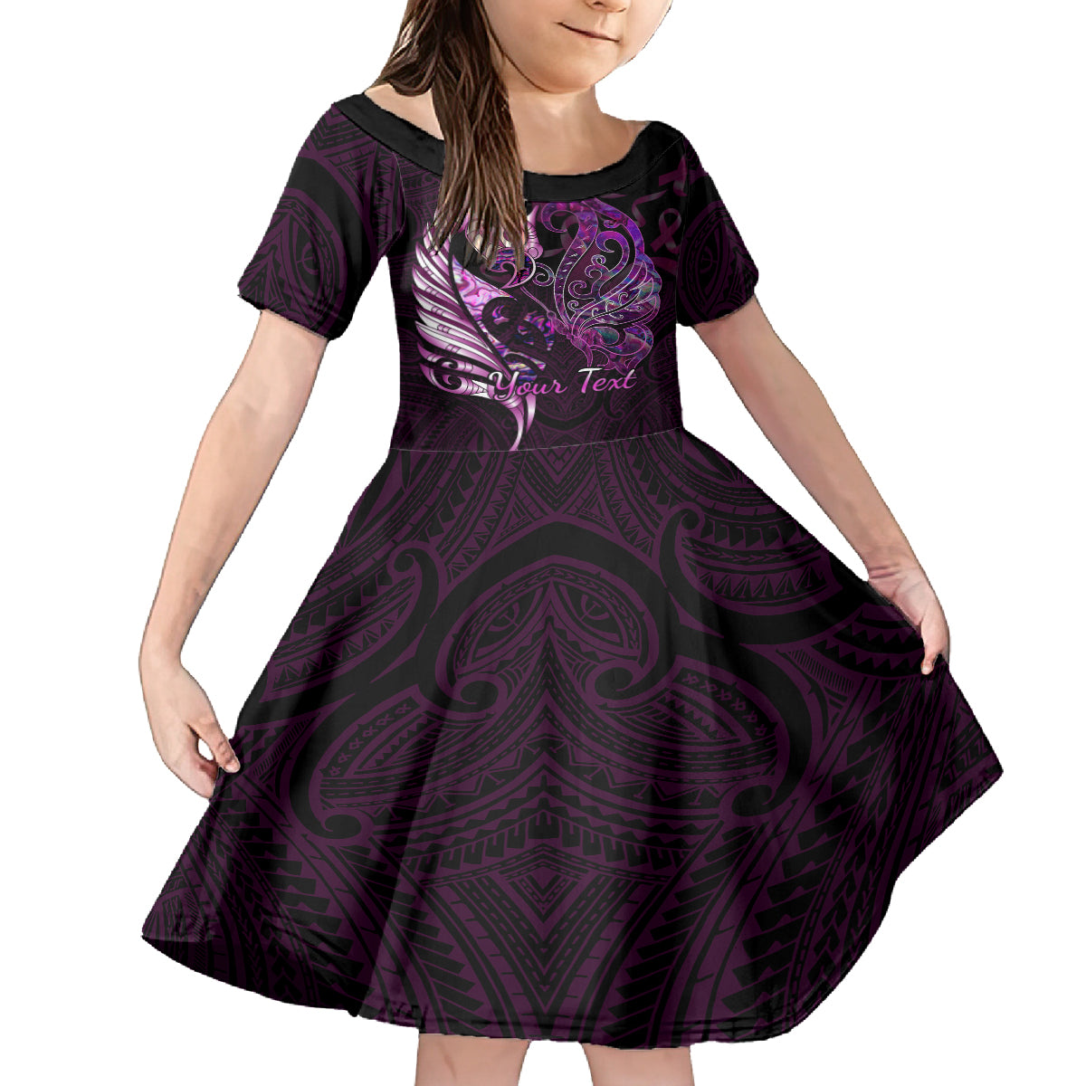 personalised-new-zealand-breast-cancer-kid-short-sleeve-dress-fight-like-a-girl-pink-manaia-fern-with-paua-shell