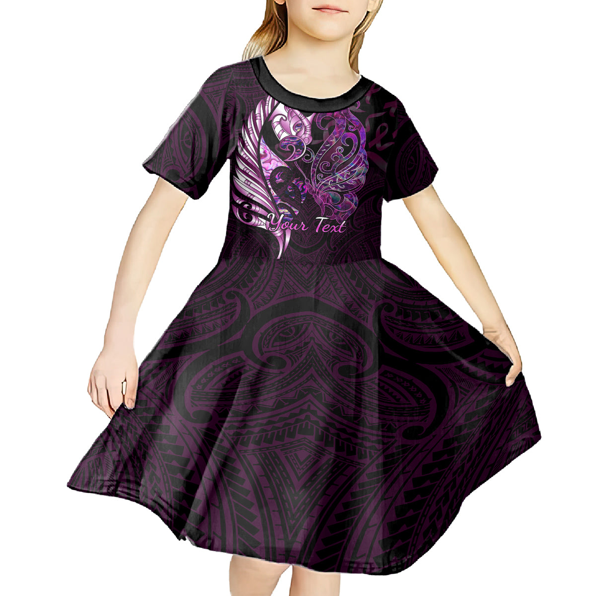 personalised-new-zealand-breast-cancer-kid-short-sleeve-dress-fight-like-a-girl-pink-manaia-fern-with-paua-shell