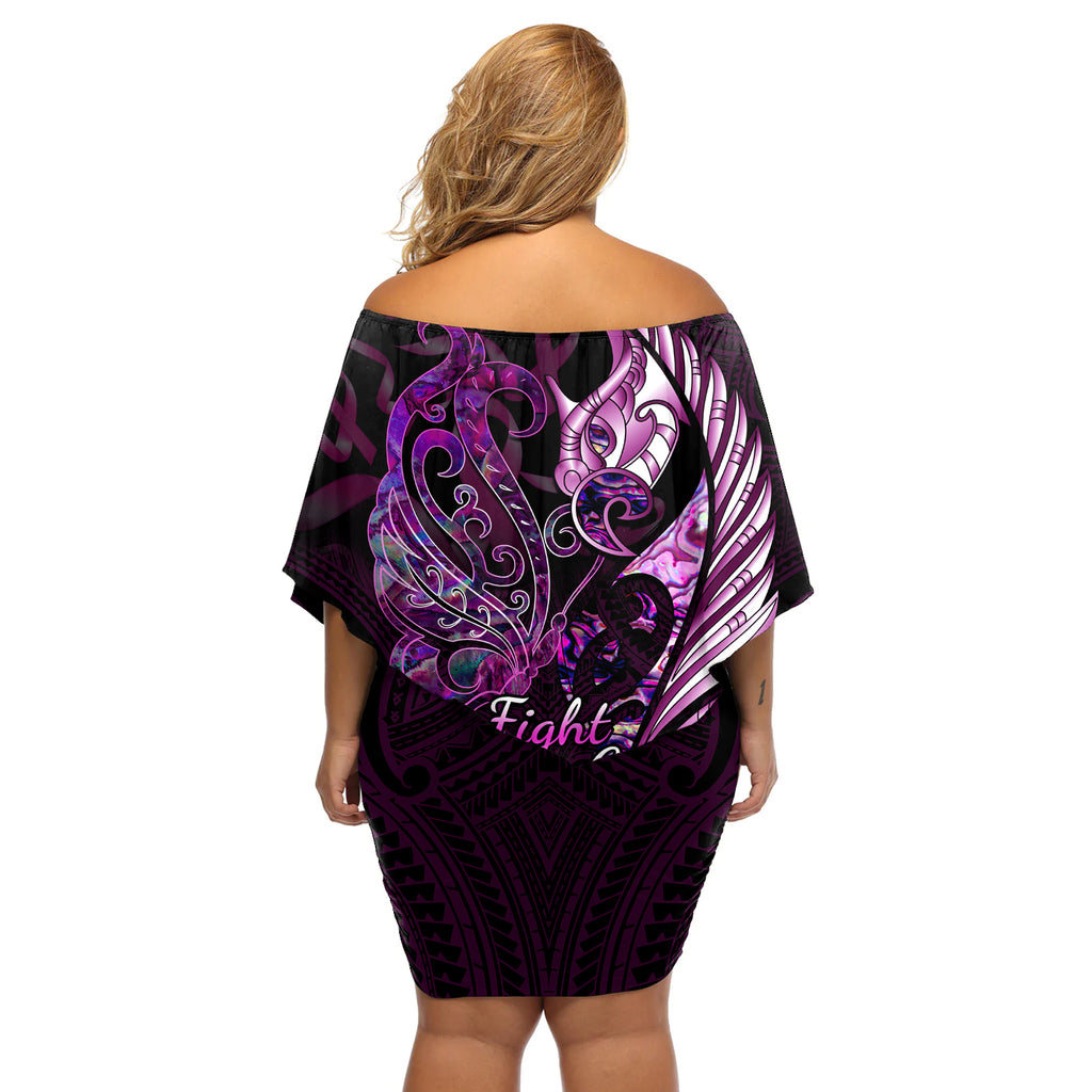 personalised-new-zealand-breast-cancer-off-shoulder-short-dress-fight-like-a-girl-pink-manaia-fern-with-paua-shell