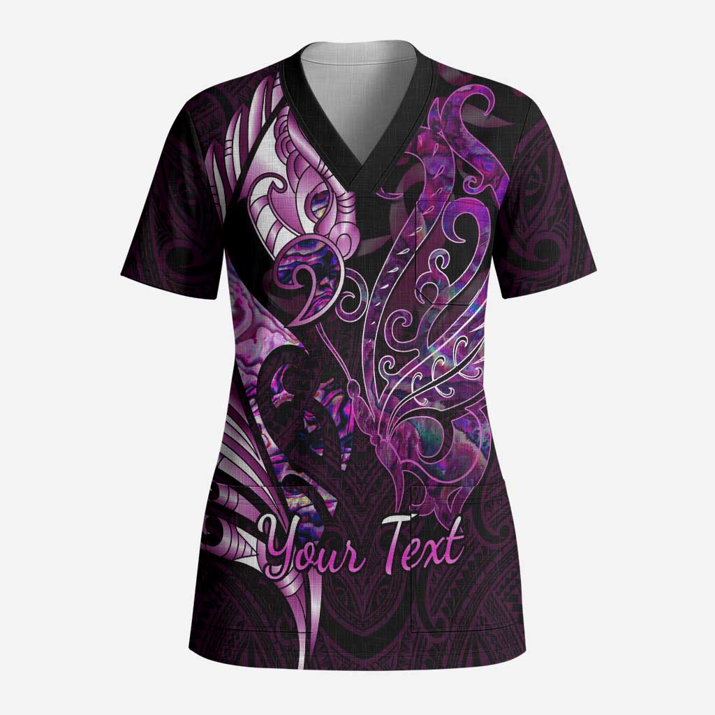 Personalised New Zealand Breast Cancer Scrub Top Fight Like A Girl Pink Manaia Fern With Paua Shell - Aussie Hoodie