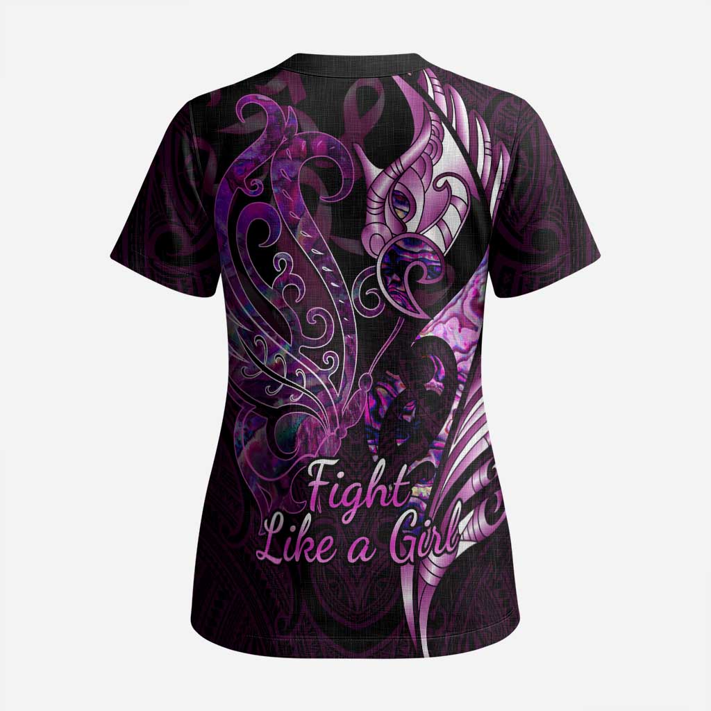 Personalised New Zealand Breast Cancer Scrub Top Fight Like A Girl Pink Manaia Fern With Paua Shell - Aussie Hoodie