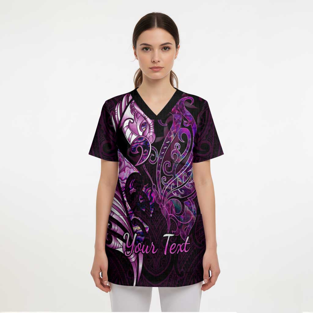 Personalised New Zealand Breast Cancer Scrub Top Fight Like A Girl Pink Manaia Fern With Paua Shell - Aussie Hoodie