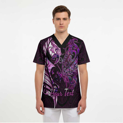 Personalised New Zealand Breast Cancer Scrub Top Fight Like A Girl Pink Manaia Fern With Paua Shell - Aussie Hoodie