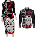 Personalised New Zealand Christmas Couples Matching Long Sleeve Bodycon Dress and Long Sleeve Button Shirt Meri Kirihimete Maori Wheku - Taniko Art