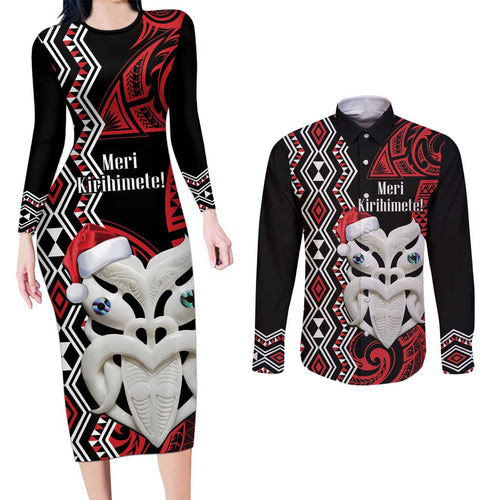 Personalised New Zealand Christmas Couples Matching Long Sleeve Bodycon Dress and Long Sleeve Button Shirt Meri Kirihimete Maori Wheku - Taniko Art