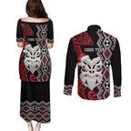 Personalised New Zealand Christmas Couples Matching Puletasi and Long Sleeve Button Shirt Meri Kirihimete Maori Wheku - Taniko Art