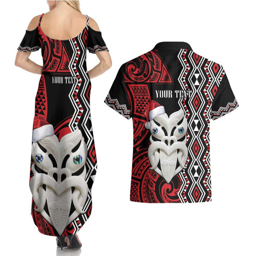 Personalised New Zealand Christmas Couples Matching Summer Maxi Dress and Hawaiian Shirt Meri Kirihimete Maori Wheku - Taniko Art