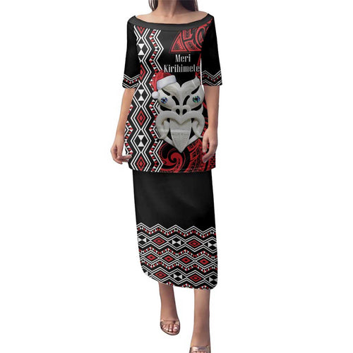 Personalised New Zealand Christmas Family Matching Puletasi and Hawaiian Shirt Meri Kirihimete Maori Wheku - Taniko Art