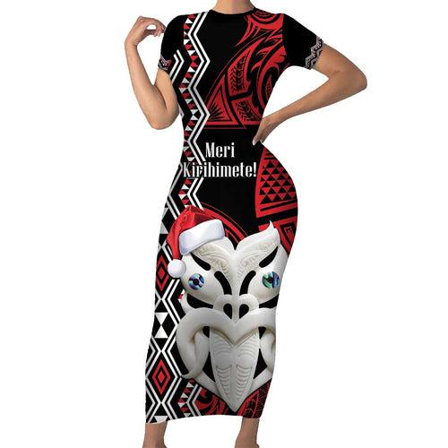 Personalised New Zealand Christmas Family Matching Short Sleeve Bodycon Dress and Hawaiian Shirt Meri Kirihimete Maori Wheku - Taniko Art