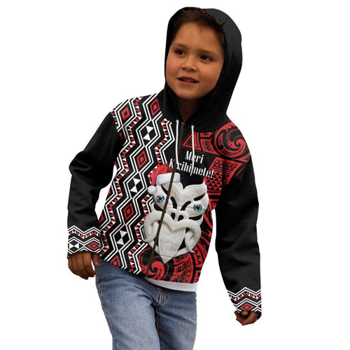 Personalised New Zealand Christmas Kid Hoodie Meri Kirihimete Maori Wheku - Taniko Art