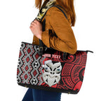 Personalised New Zealand Christmas Leather Tote Bag Meri Kirihimete Maori Wheku - Taniko Art