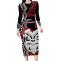 Personalised New Zealand Christmas Long Sleeve Bodycon Dress Meri Kirihimete Maori Wheku - Taniko Art