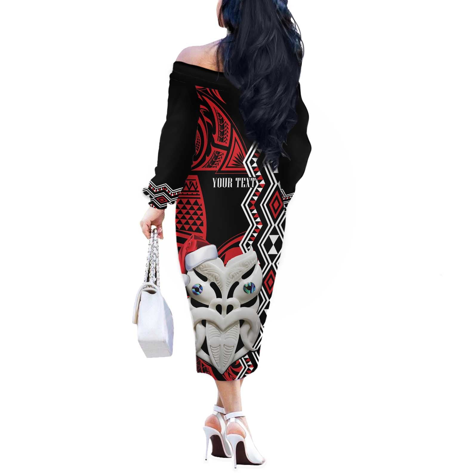Personalised New Zealand Christmas Off The Shoulder Long Sleeve Dress Meri Kirihimete Maori Wheku - Taniko Art