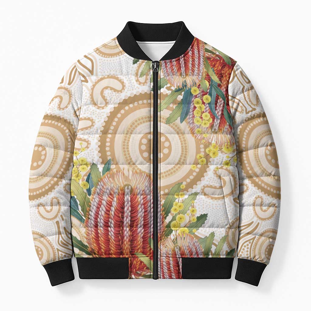 Australia Banksia Bomber Puffer Jacket Aussie Native Flowers Indigenous Art - Aussie Hoodie