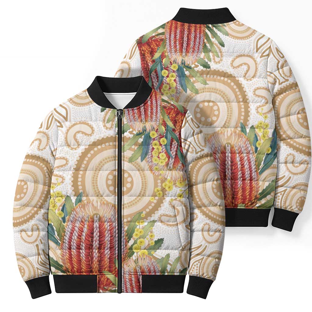 Australia Banksia Bomber Puffer Jacket Aussie Native Flowers Indigenous Art - Aussie Hoodie