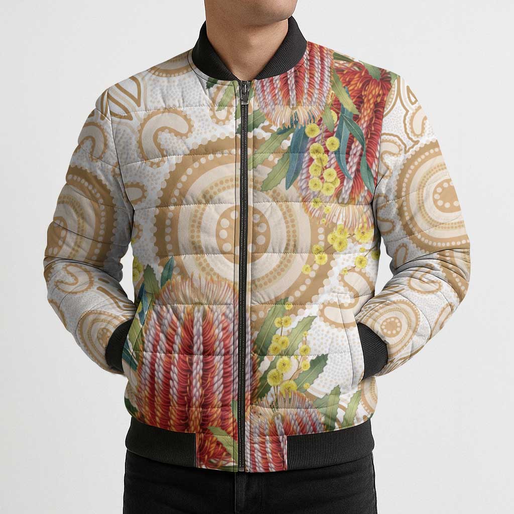 Australia Banksia Bomber Puffer Jacket Aussie Native Flowers Indigenous Art - Aussie Hoodie