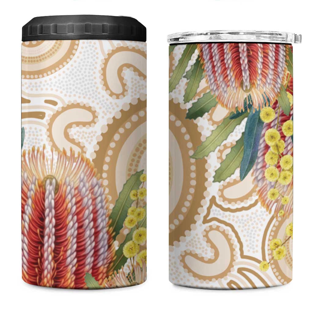 Australia Banksia 4 in 1 Can Cooler Tumbler Aussie Native Flowers Indigenous Art - Aussie Hoodie