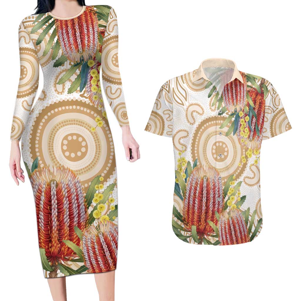 Australia Banksia Couples Matching Long Sleeve Bodycon Dress and Hawaiian Shirt Aussie Native Flowers Indigenous Art - Aussie Hoodie