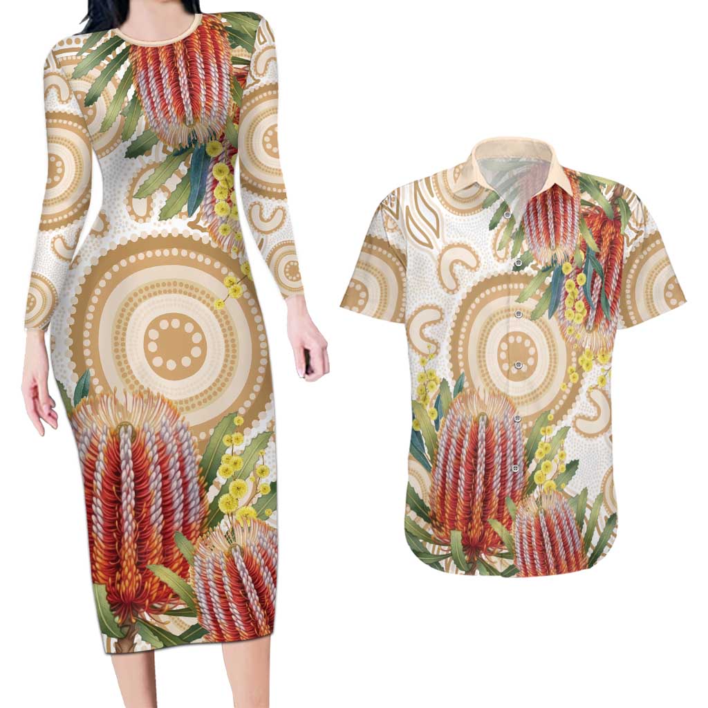 Australia Banksia Couples Matching Long Sleeve Bodycon Dress and Hawaiian Shirt Aussie Native Flowers Indigenous Art - Aussie Hoodie