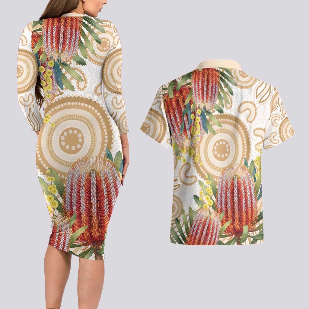 Australia Banksia Couples Matching Long Sleeve Bodycon Dress and Hawaiian Shirt Aussie Native Flowers Indigenous Art - Aussie Hoodie
