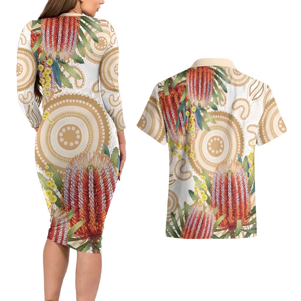Australia Banksia Couples Matching Long Sleeve Bodycon Dress and Hawaiian Shirt Aussie Native Flowers Indigenous Art - Aussie Hoodie