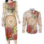 Australia Banksia Couples Matching Long Sleeve Bodycon Dress and Long Sleeve Button Shirt Aussie Native Flowers Indigenous Art - Aussie Hoodie
