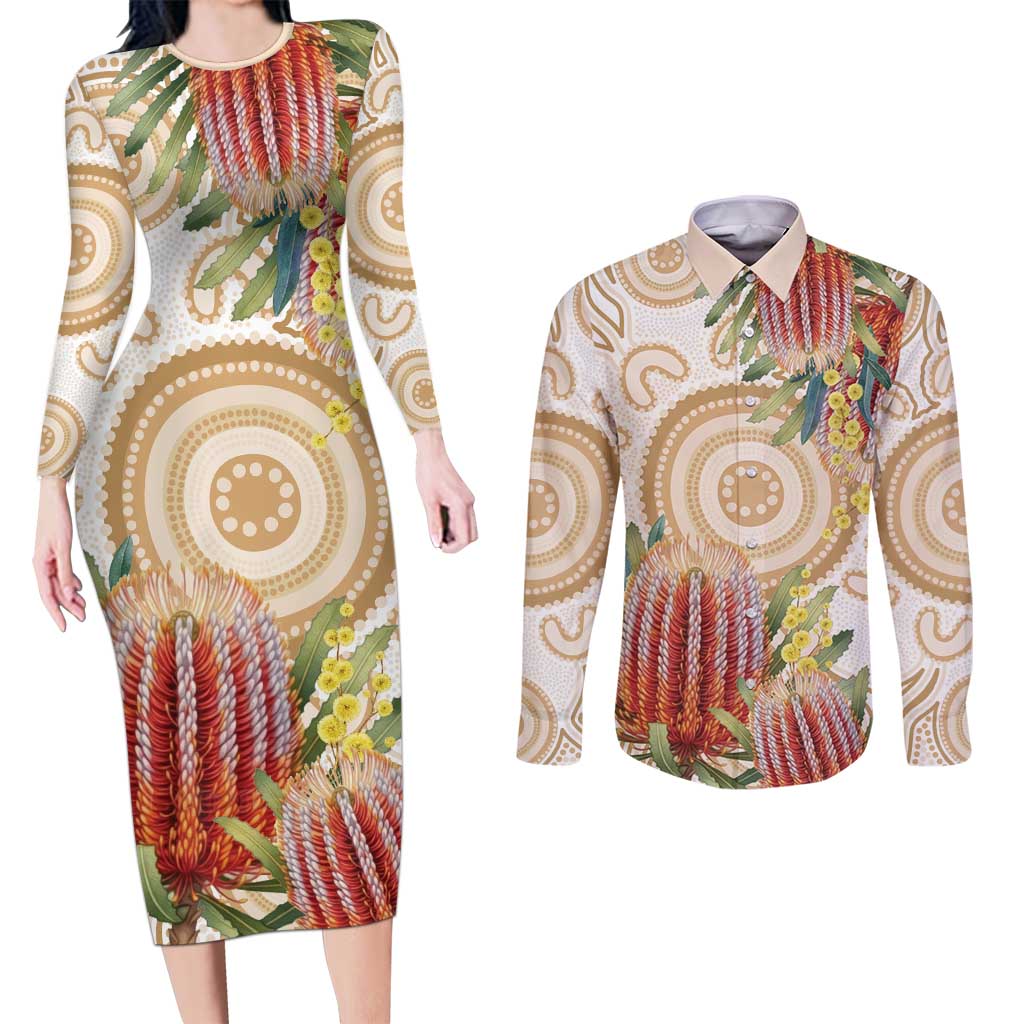 Australia Banksia Couples Matching Long Sleeve Bodycon Dress and Long Sleeve Button Shirt Aussie Native Flowers Indigenous Art - Aussie Hoodie