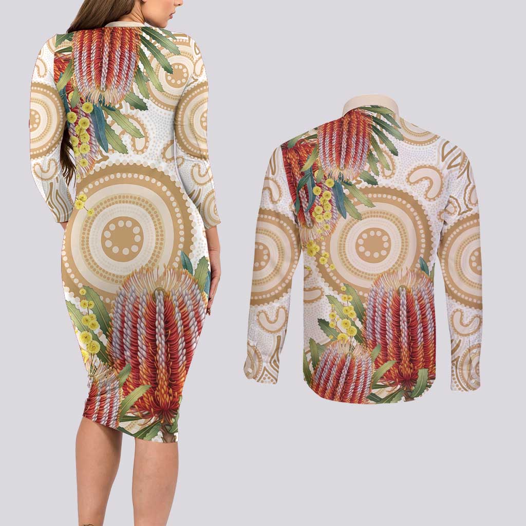 Australia Banksia Couples Matching Long Sleeve Bodycon Dress and Long Sleeve Button Shirt Aussie Native Flowers Indigenous Art - Aussie Hoodie