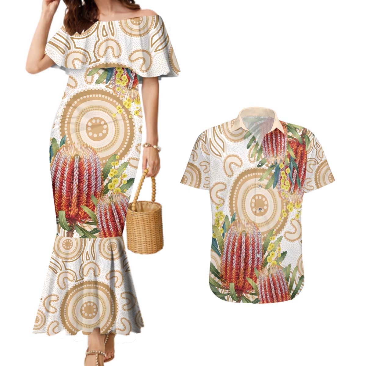 Australia Banksia Couples Matching Mermaid Dress and Hawaiian Shirt Aussie Native Flowers Indigenous Art - Aussie Hoodie