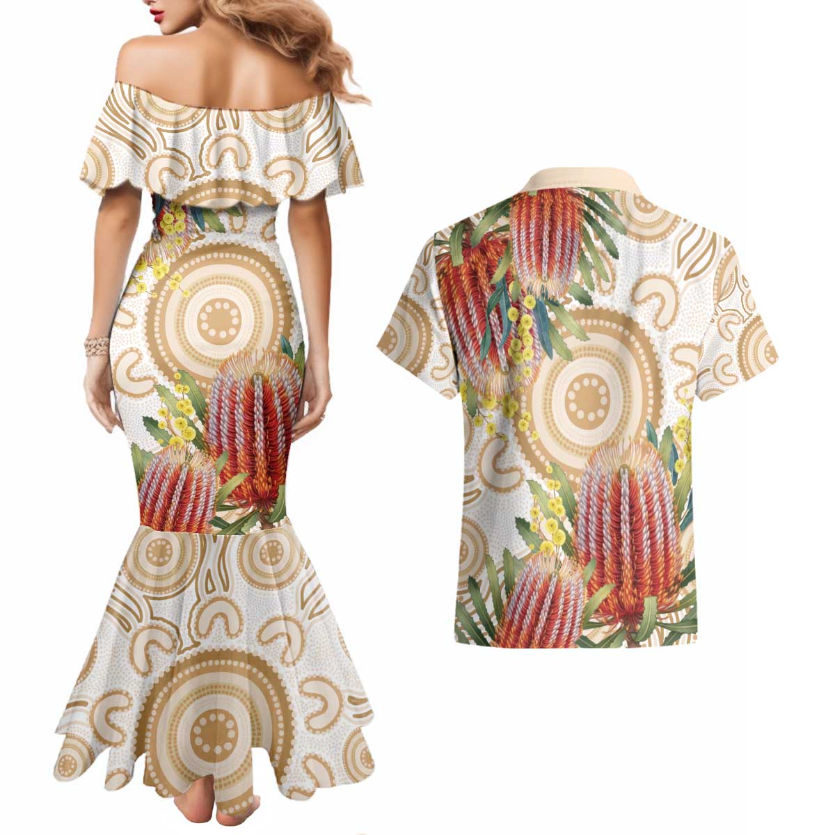 Australia Banksia Couples Matching Mermaid Dress and Hawaiian Shirt Aussie Native Flowers Indigenous Art - Aussie Hoodie