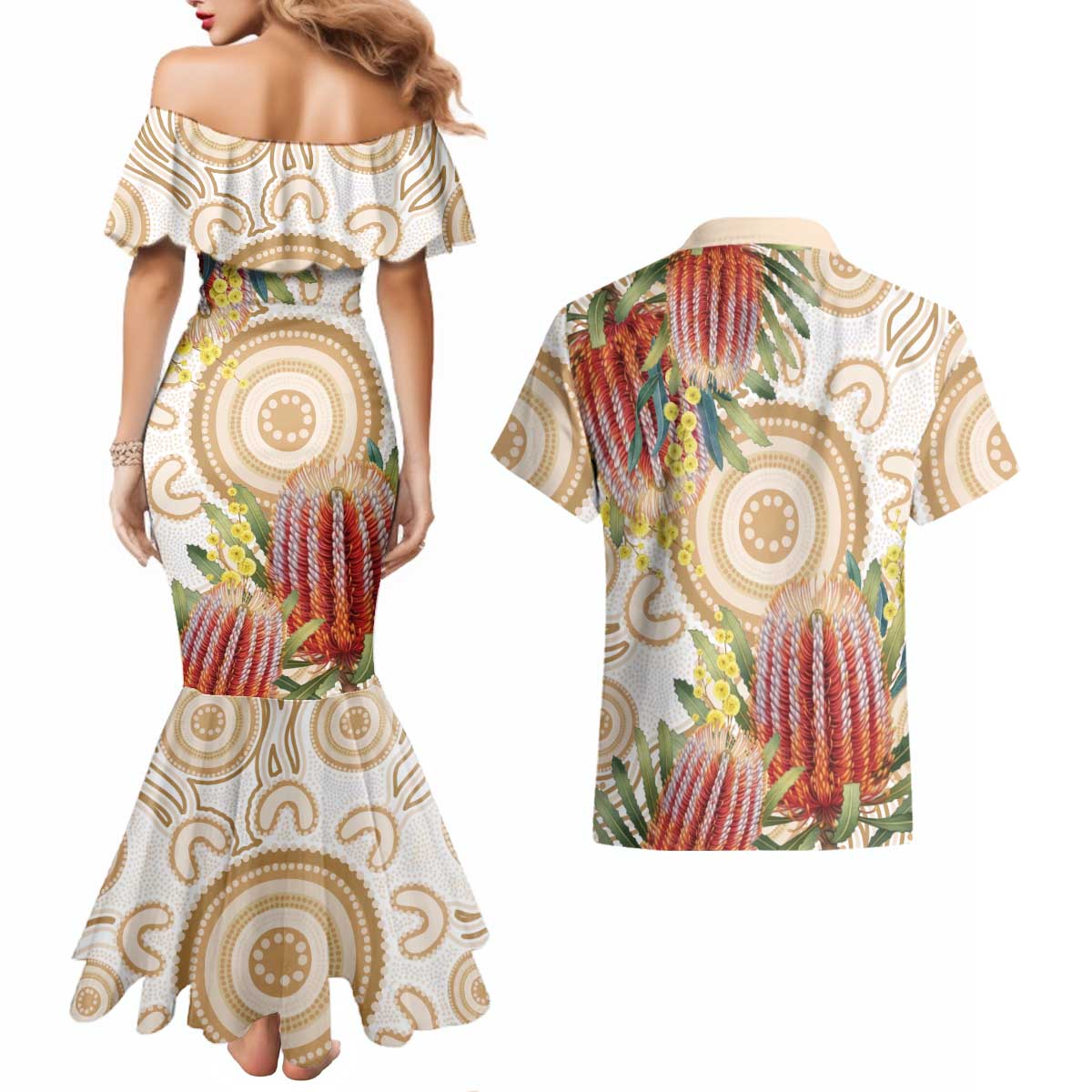 Australia Banksia Couples Matching Mermaid Dress and Hawaiian Shirt Aussie Native Flowers Indigenous Art - Aussie Hoodie