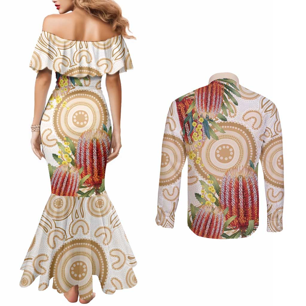 Australia Banksia Couples Matching Mermaid Dress and Long Sleeve Button Shirt Aussie Native Flowers Indigenous Art - Aussie Hoodie