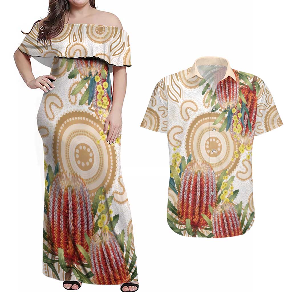 Australia Banksia Couples Matching Off Shoulder Maxi Dress and Hawaiian Shirt Aussie Native Flowers Indigenous Art - Aussie Hoodie