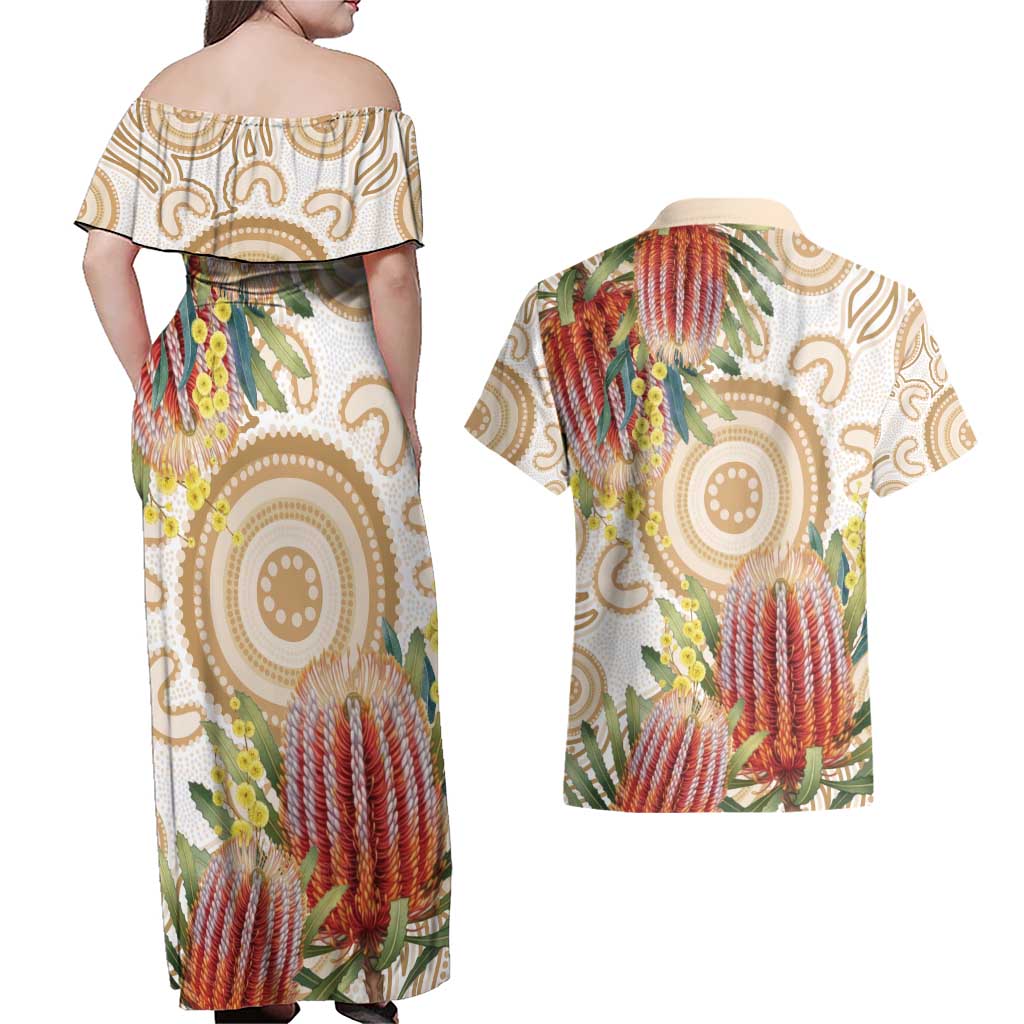 Australia Banksia Couples Matching Off Shoulder Maxi Dress and Hawaiian Shirt Aussie Native Flowers Indigenous Art - Aussie Hoodie