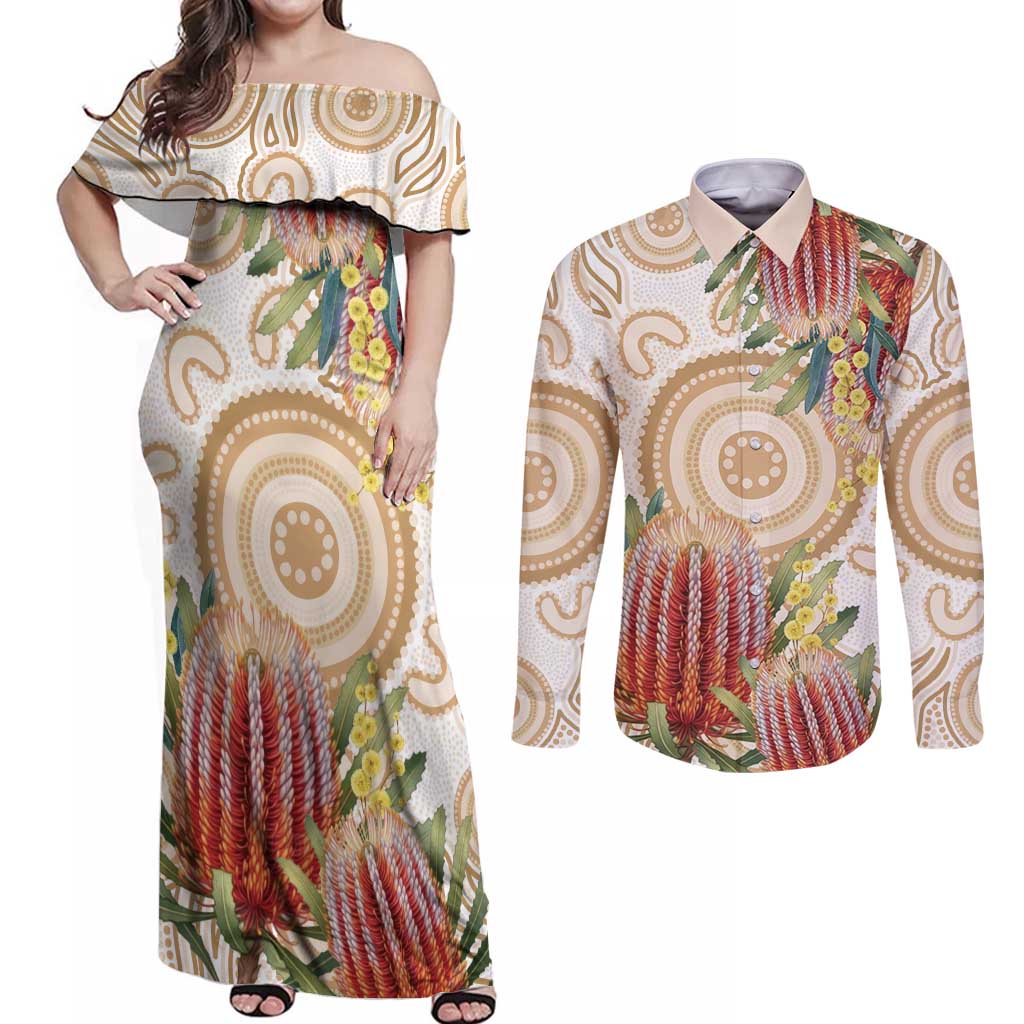 Australia Banksia Couples Matching Off Shoulder Maxi Dress and Long Sleeve Button Shirt Aussie Native Flowers Indigenous Art - Aussie Hoodie