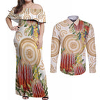 Australia Banksia Couples Matching Off Shoulder Maxi Dress and Long Sleeve Button Shirt Aussie Native Flowers Indigenous Art - Aussie Hoodie