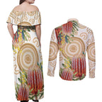 Australia Banksia Couples Matching Off Shoulder Maxi Dress and Long Sleeve Button Shirt Aussie Native Flowers Indigenous Art - Aussie Hoodie