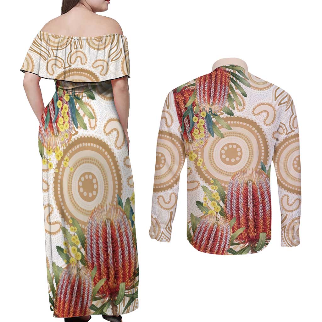 Australia Banksia Couples Matching Off Shoulder Maxi Dress and Long Sleeve Button Shirt Aussie Native Flowers Indigenous Art - Aussie Hoodie