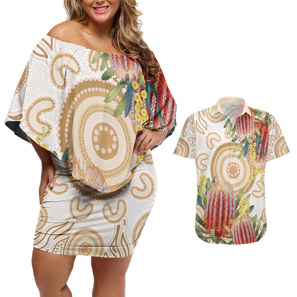 Australia Banksia Couples Matching Off Shoulder Short Dress and Hawaiian Shirt Aussie Native Flowers Indigenous Art - Aussie Hoodie