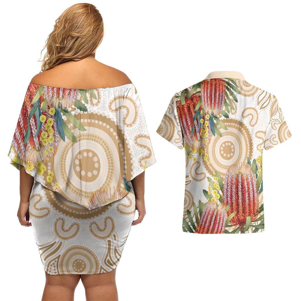 Australia Banksia Couples Matching Off Shoulder Short Dress and Hawaiian Shirt Aussie Native Flowers Indigenous Art - Aussie Hoodie