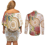 Australia Banksia Couples Matching Off Shoulder Short Dress and Long Sleeve Button Shirt Aussie Native Flowers Indigenous Art - Aussie Hoodie