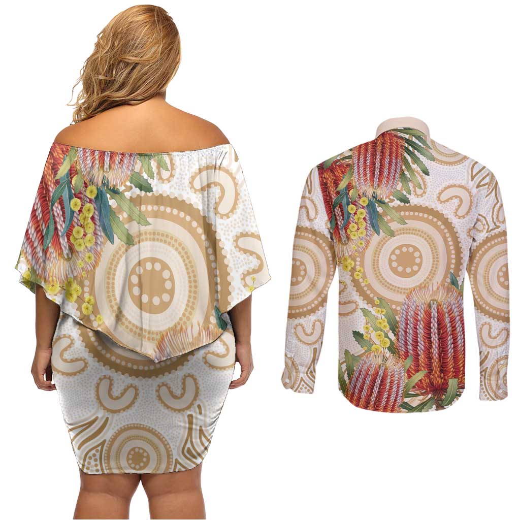 Australia Banksia Couples Matching Off Shoulder Short Dress and Long Sleeve Button Shirt Aussie Native Flowers Indigenous Art - Aussie Hoodie