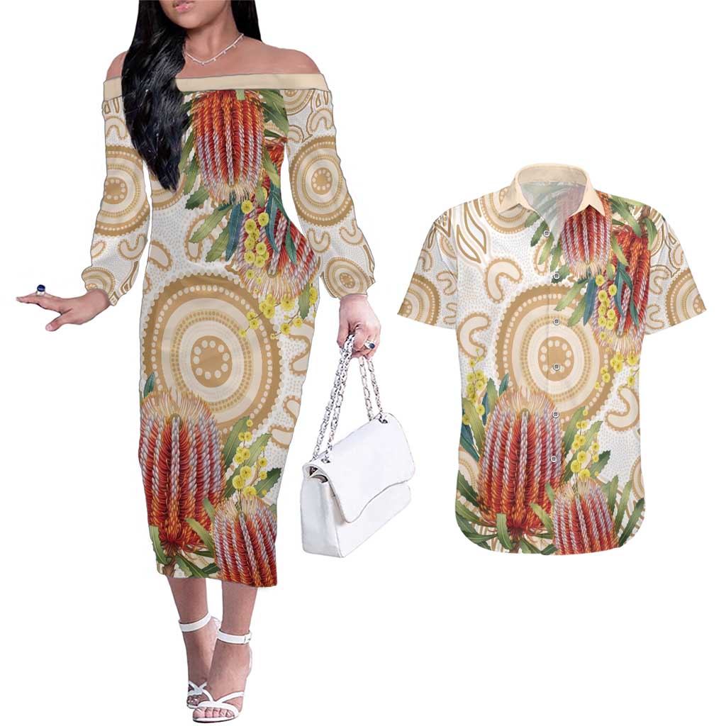 Australia Banksia Couples Matching Off The Shoulder Long Sleeve Dress and Hawaiian Shirt Aussie Native Flowers Indigenous Art - Aussie Hoodie