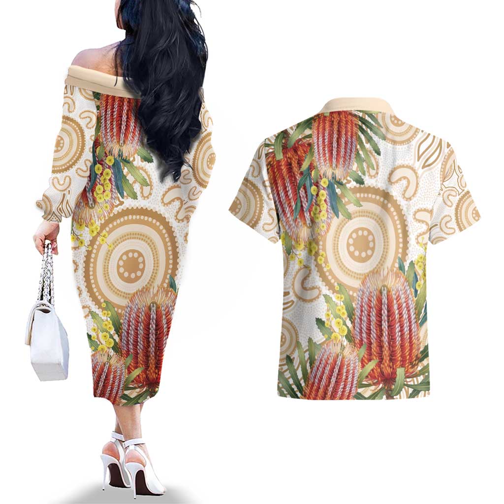 Australia Banksia Couples Matching Off The Shoulder Long Sleeve Dress and Hawaiian Shirt Aussie Native Flowers Indigenous Art - Aussie Hoodie