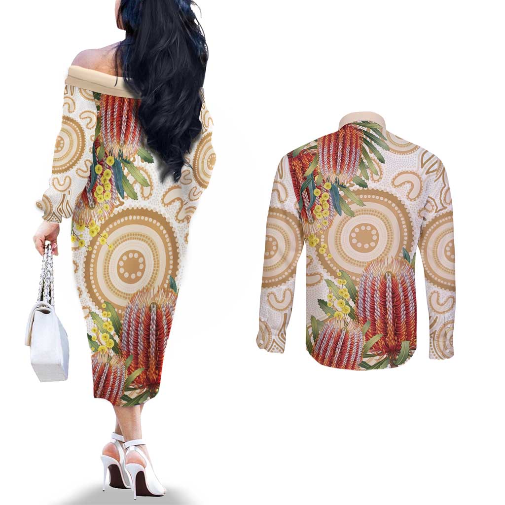 Australia Banksia Couples Matching Off The Shoulder Long Sleeve Dress and Long Sleeve Button Shirt Aussie Native Flowers Indigenous Art - Aussie Hoodie